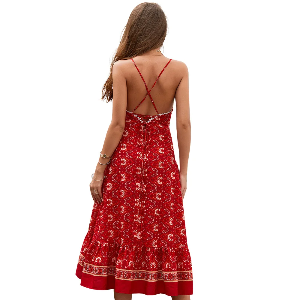 2019 summer sexy dress women Red sling print Off-shoulder Party Beach Sundress Spaghetti Long Dresses vestidos | Женская одежда