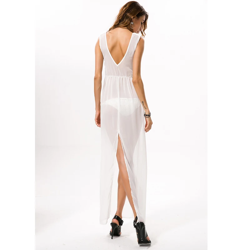 Женское шифоновое платье макси белое асимметричное пляжное в богемном стиле с