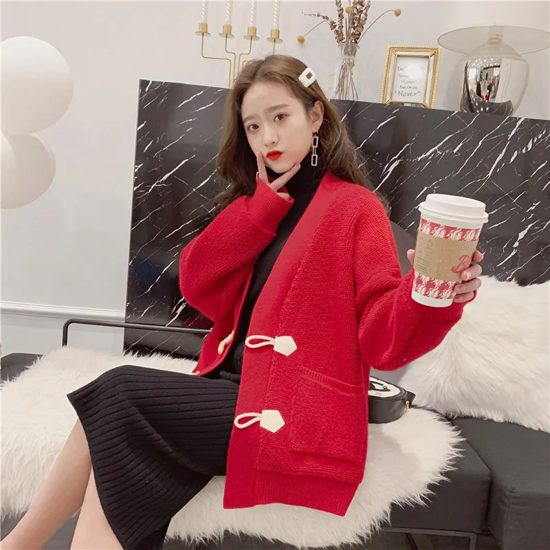 

H.SA Women Knit Sweater and Cardigans 2019 Horn buckle Knit Coat V neck Horn buckle Oversized knitted Jumper cashmere cardigan