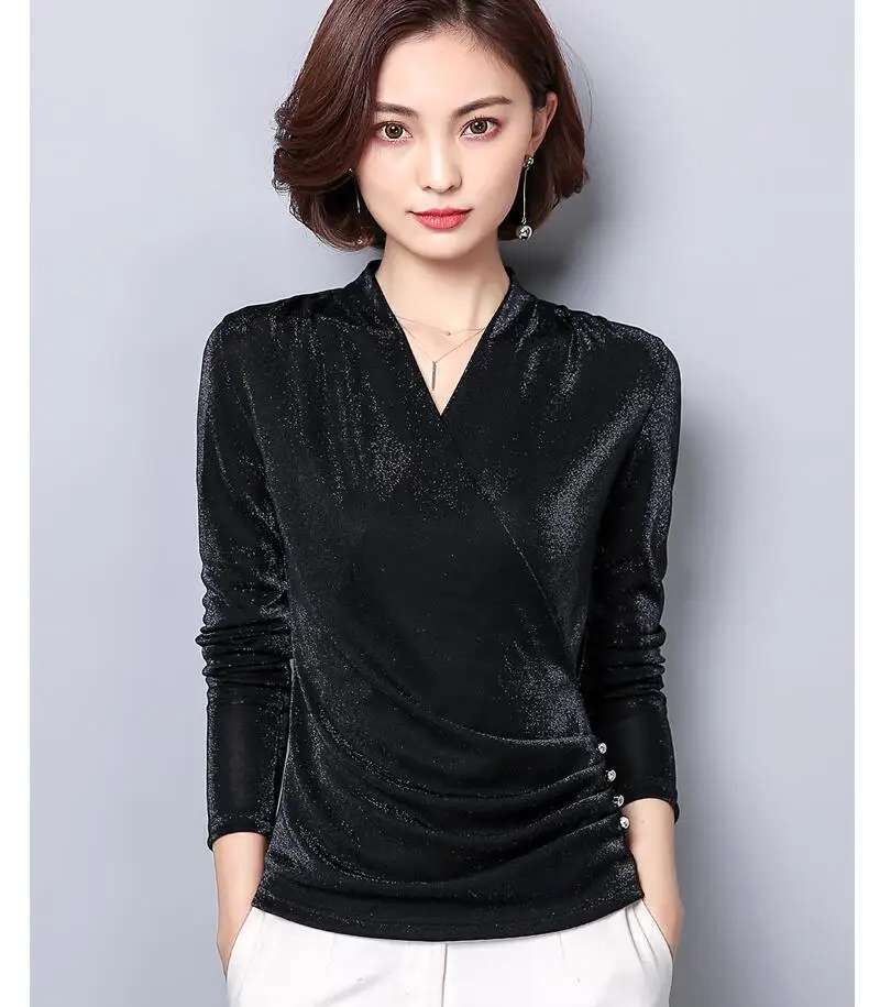 Blusas Mujer De Moda корейский Блестящий люрекс Женские топы и блузки размера плюс длинный рукав v-образный вырез блузка с блестками тонкая женская рубашка