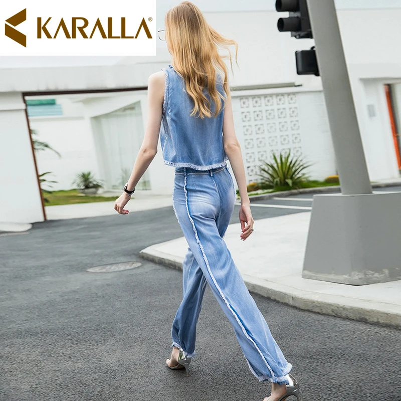 Женский джинсовый костюм Новинка лета 2019 стильный топ без рукавов + широкие брюки