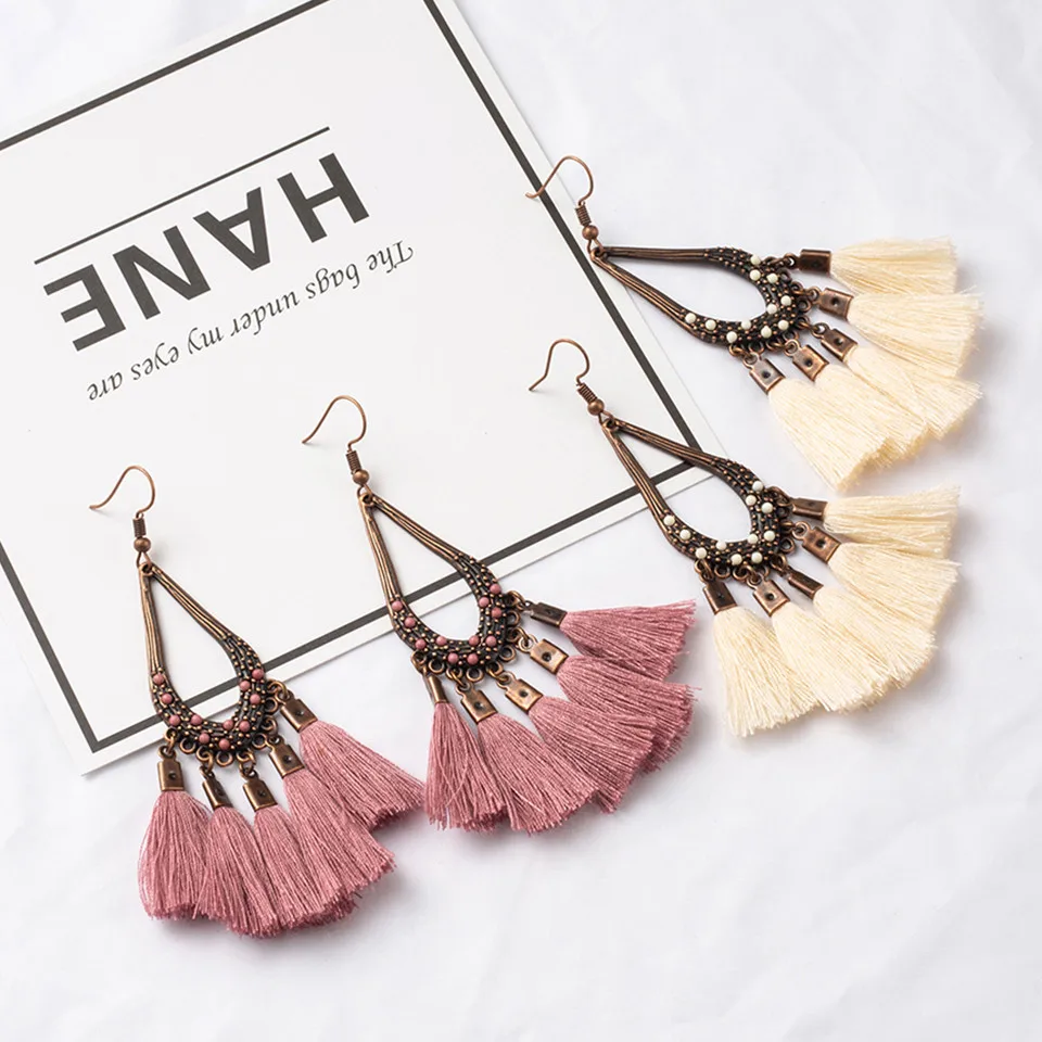 Серьги с кисточками для женщин Bohemia Boho Vintage Water Drop Серьги Женские ювелирные изделия Симпатичные хрустальные серьги с бахромой
