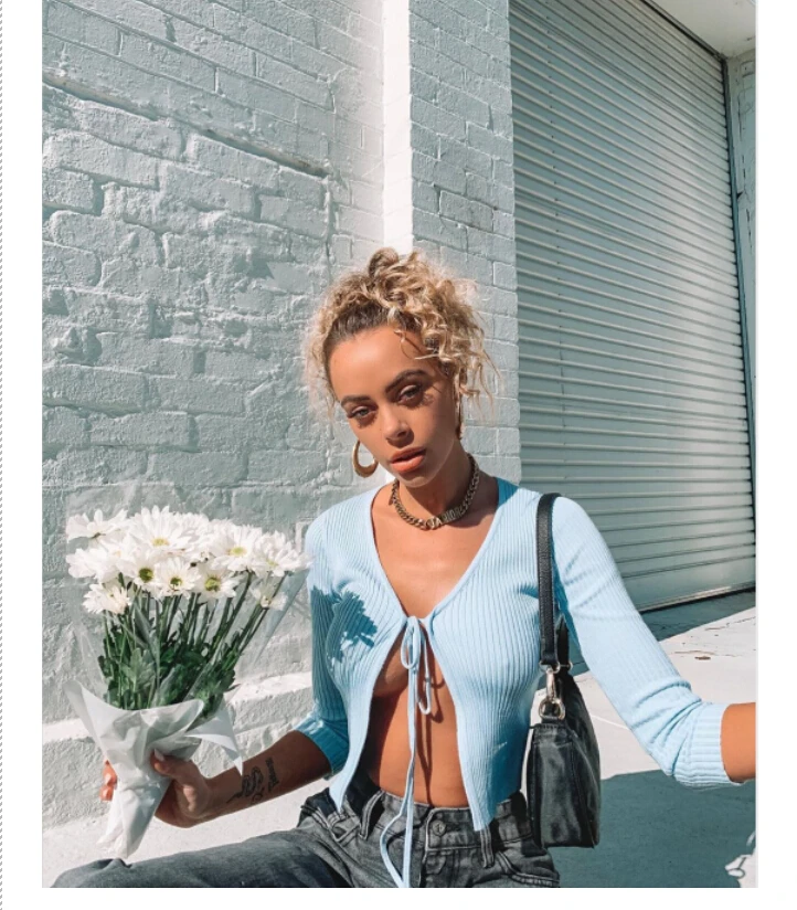 

Fashion Women Crop Top Pure Color Lace up Casual Sexy Cardigan Bow Long Sleeve Shirt Tops Midriff Slim Shirt