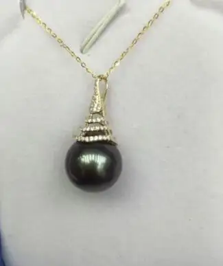 

free shipping >>>>noble jewelry huge AAA 13-13.5mm tahitian round black green pearl necklace 14k chain