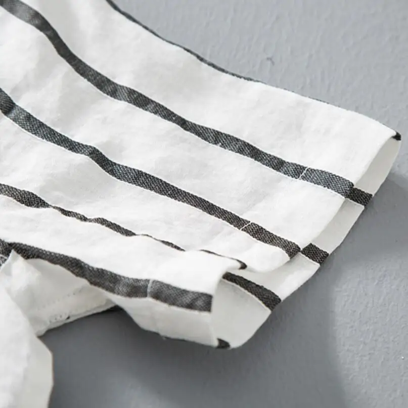 

2019 Brand clothing Men summer High quality cotton loose linen short sleeve shirts/Male lapel stripe slim fit linen shirts S-4XL