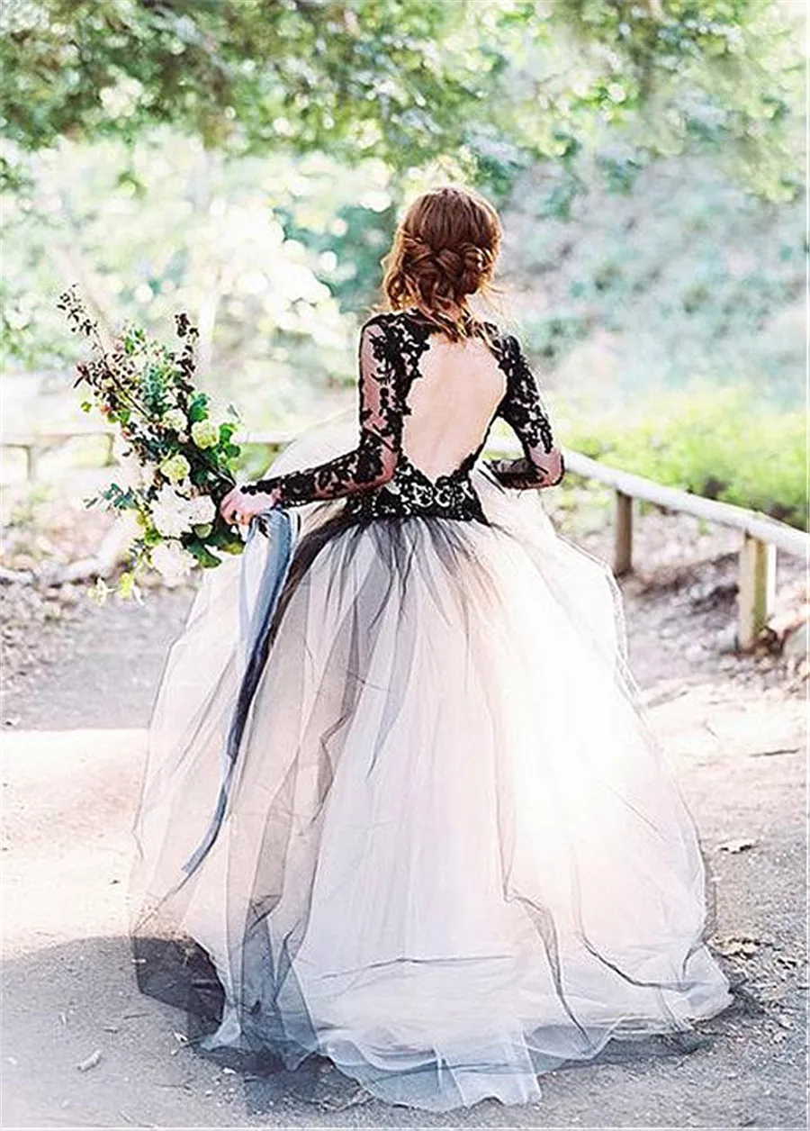 Unique Tulle V-Neck Wedding Dresses With Lace Appliques Grey Long Sleeves Bridal Dress Open Back vestido de noivas | Свадьбы и