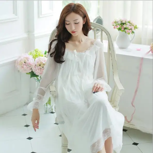

Fdfklak 2018 Spring Summer Long Sleeve Princess Nightgown Lace Sleepwear Night Lingerie Woman Night Sleepwear Gown Dress Q836