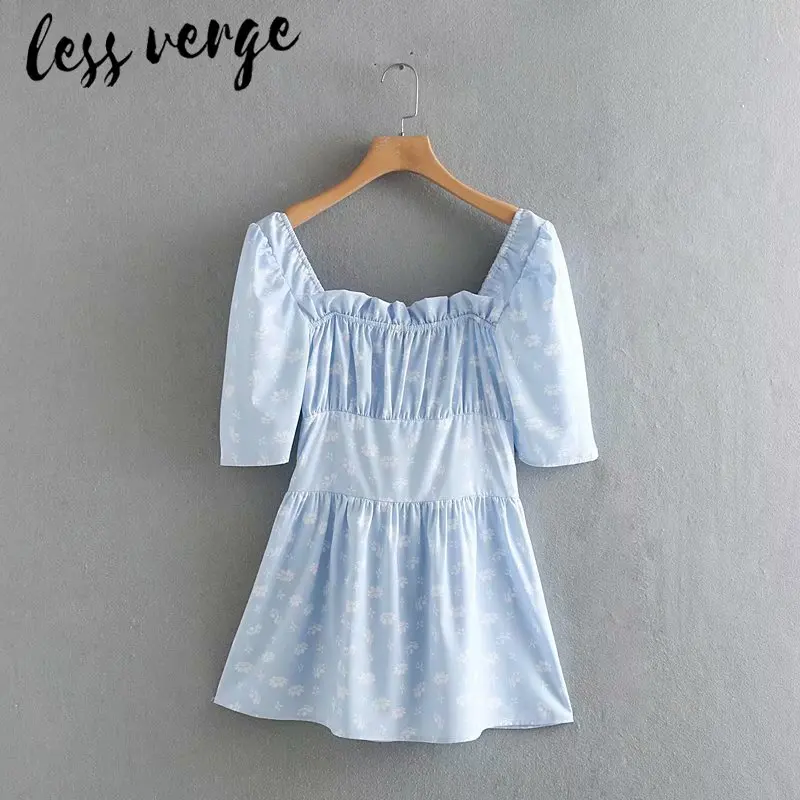 Lessverge платье с цветочным принтом и оборками синее летнее женское короткое