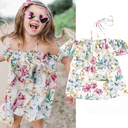 New Style Kid Baby Girls Floral Dress Boho Off Shoulder Short Sleeve Princess Girl Child Summer Holiday Beach Sundress Clothes | Детская