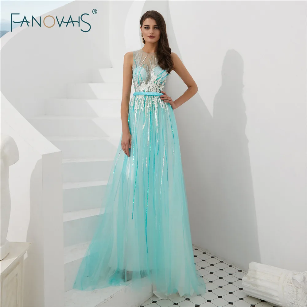 

Mint Evening Dresses Long 2018 Scoop A-Line arab Evening Gown Sequin Prom Dress Beaded Party GownVestido de Fiesta NS15