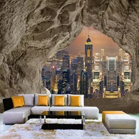 custom mural wallpaper 3d creative cave stone wall city night view photo poster living room bedroom tv background 3d home decor