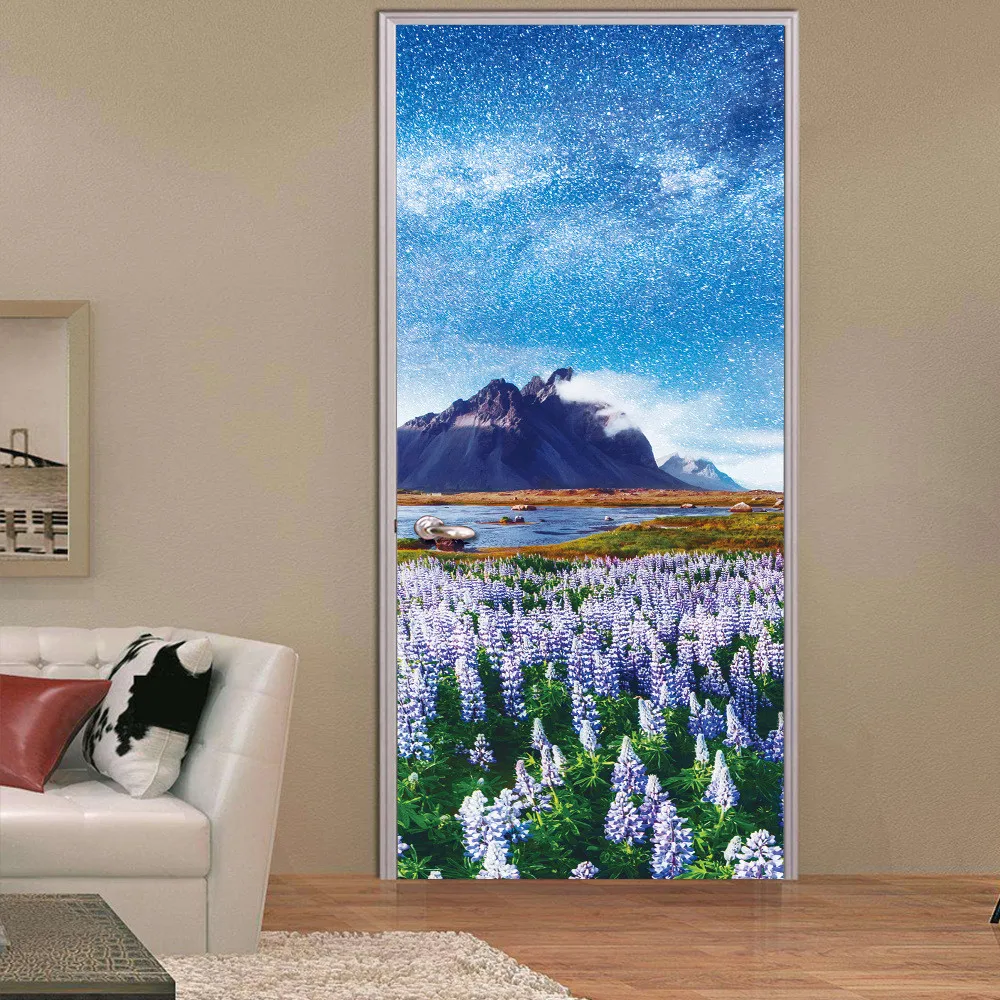 

Sale 3d Door Mural Art Wallpaper Star Night Snow Lavender Pattern Room Diy Wall Poster Stickers Home Gate Decor