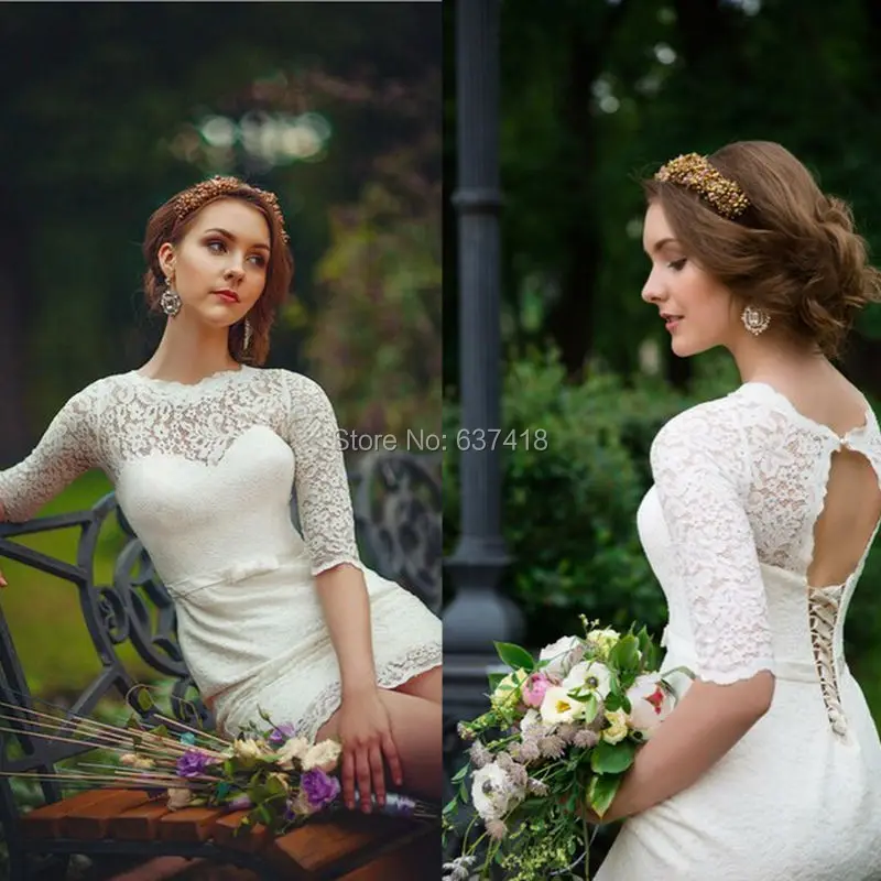 Короткое Кружевное Свадебное платье рукава средней длины шнуровка сзади Пляжное