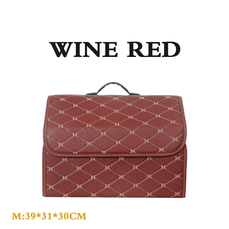 wine red M Car Trunk box Storage Organizer Foldable PU Leather Auto Durable Collapsible Cargo Large Capacity Storage Bag Stowing Tidying - Название цвета: wine red M
