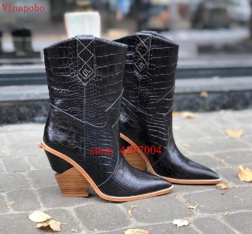 Fashion Cowboy Ankle Boots Women Shoes Pu Leather Wedge Chunky High Heel Boots Snake Print Western Cowgirl Boots Black PINK - Цвет: as the picture