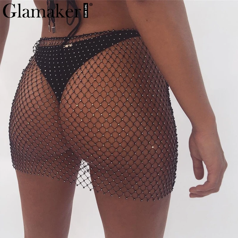 Женская мини юбка Glamaker прозрачная карандаш со стразами для вечеринок|Женские