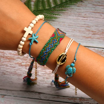 21 MOON GIRL 5 Pieces Puka Shell Bracelet Set Turtle Starfish Cross Beads Boho Weave Bracelet for Women Friendship Jewelry Dropship - Metal Color: 21