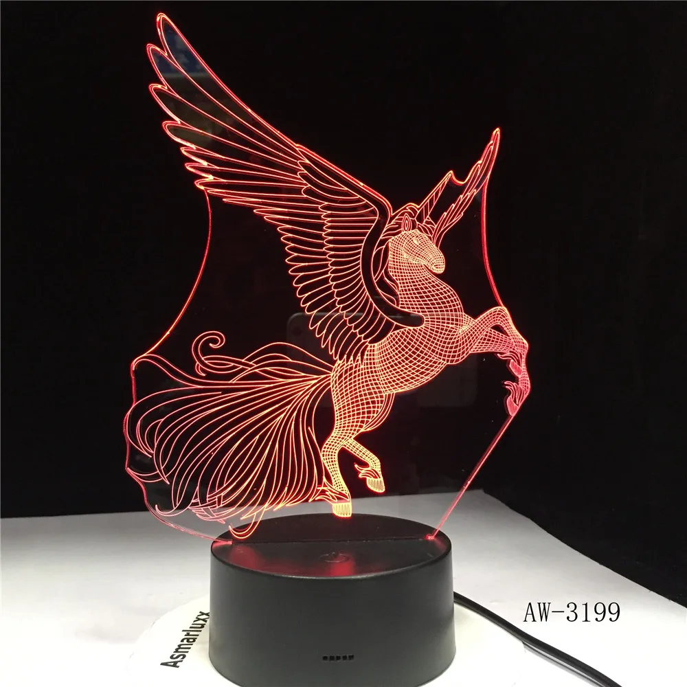 Большие крылья Единорог 3D светодиодный ночной Светильник вечерние мультфильм