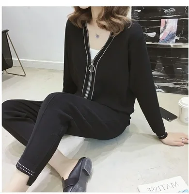 Осень шелк льда Трикотажные Женский комплект 2 шт. большого размера удобный