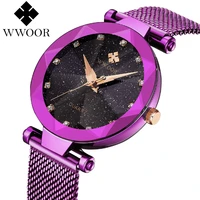 2019 new style wwoor women watches luxury brand lady fashion quartz ladies rhinestone dress watch purple steel mesh band clock