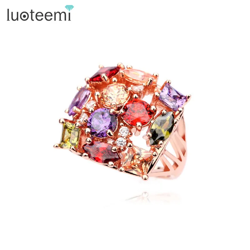 LUOTEEMI, роскошные трендовые кольца для женщин, розовое золото, цветные, кубический цирконий, микро мощение, большие размеры, обручальные кольца для женщин