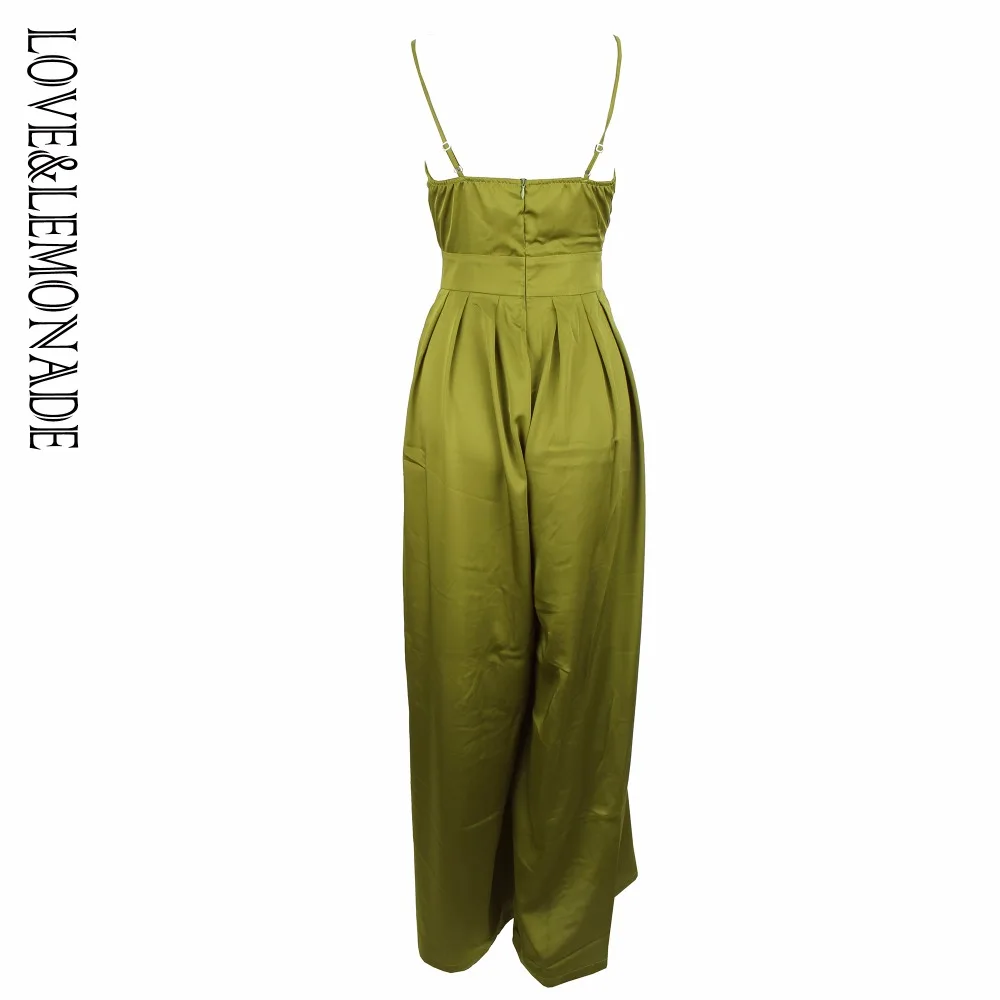 Женский свободный комбинезон LOVE & LEMONADE зеленый на бретелях с бантом модель