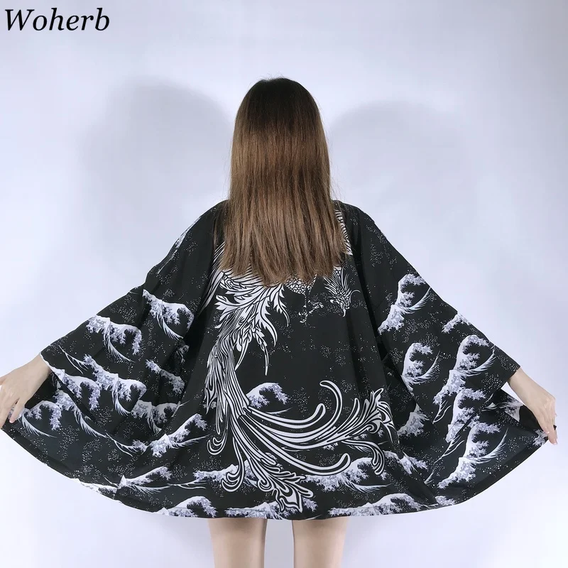 Woherb Harajuku летнее кимоно для мужчин и женщин блузка кардиган рубашки 2021 принт в