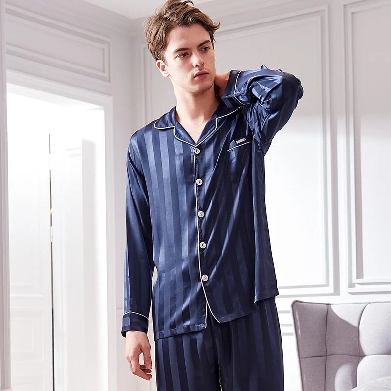 Xifenni Faux Silk Pajamas Male Autumn New Silky Ice Silk Sleepwear Man Long-Sleeve Fashion Striped Pajama Sets 9004