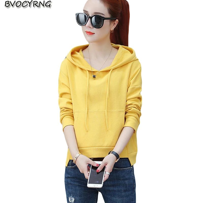 

Solid color Casual Hoodies Sweatshirt Women 2019 Spring autumn Loose Hooded Pullover elegant female Short student tops A1375