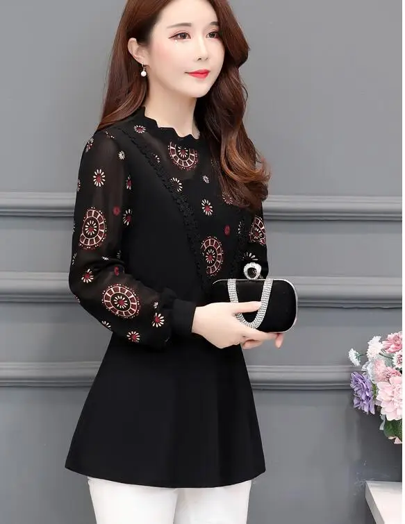 elegant top Весенняя Базовая туника, топы, блузка, 4XL 3XL, Женская сетчатая прозрачная Лоскутная блуза из двух частей, винтажный цветочный топ с баской, блузка с оборками - Цвет: elegant top