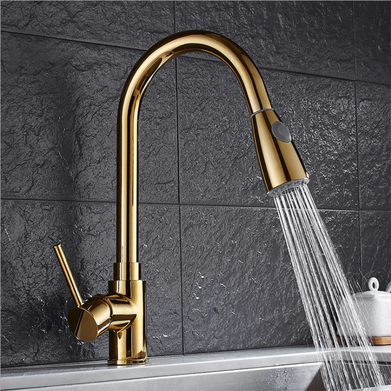 Kitchen Faucet Brass Black Gold High Arch Kitchen Sink Faucet Pull Out Rotation Spray Mixer Tap