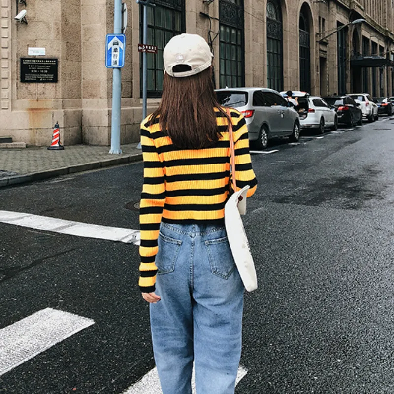 2018 Autumn New Korean Version of The Striped Sweater Female Slim Bottoming Knit Top sweaters | Женская одежда