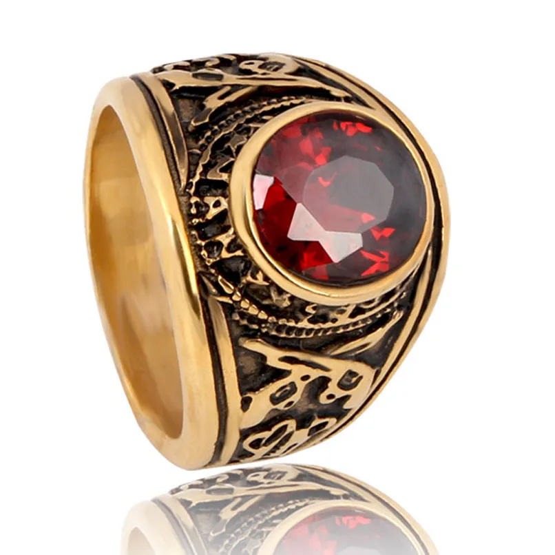 Valily Jewelry Gold Ring men with Red CZ Stone United States Army Military Rings,Stainless steel vintage Ring with gun for men