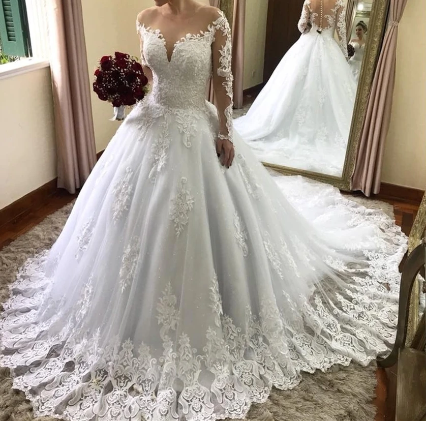 Женская Мода Иллюзия Кружева рукава роскошное свадебное платье|Свадебные
