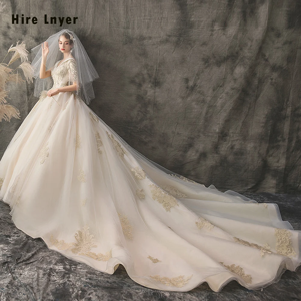 Vestido De Noiva Princesa,, на заказ, v-образный вырез, шнуровка, бисер, блестки, Золотая аппликация, бальное платье, свадебное платье