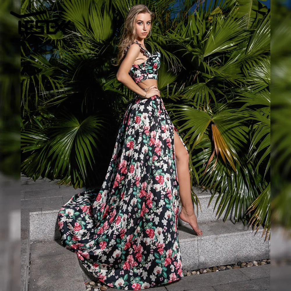 Yesexy/2019 летний комплект из 2 предметов для женщин с цветочным принтом и квадратным