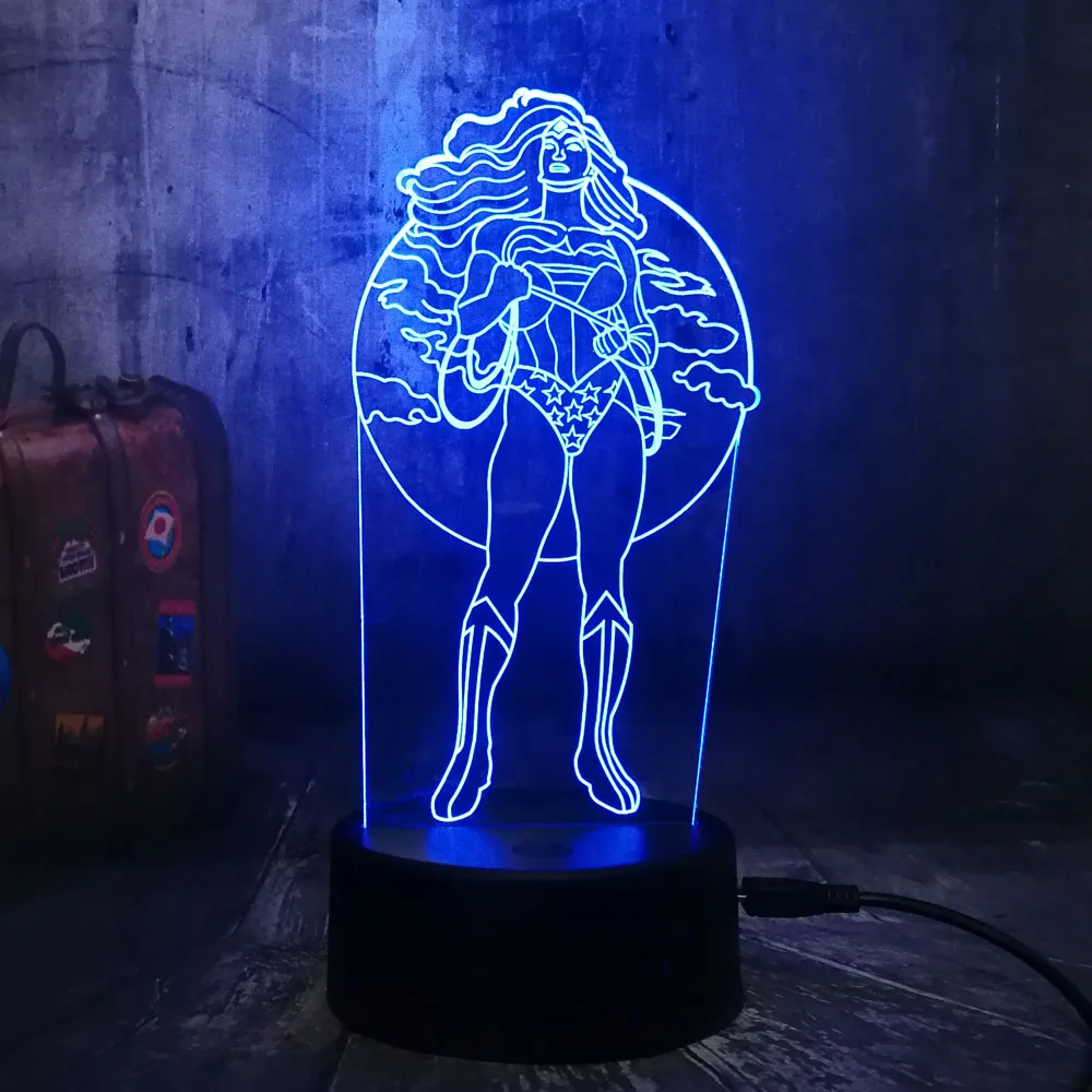 Новый Ночной светильник крутая чудо женщина DC Super Hero 3D LED RGB 7 цветов настольная
