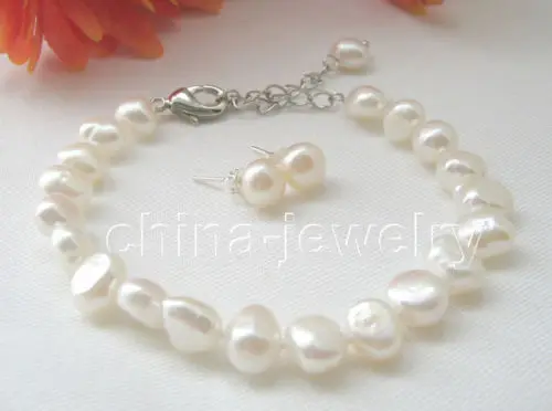 

Beautiful 7-9" 8-9mm white baroque freshwater pearl bracelet + earring^^^@^Noble style Natural Fine jewe FREE SHIPPING