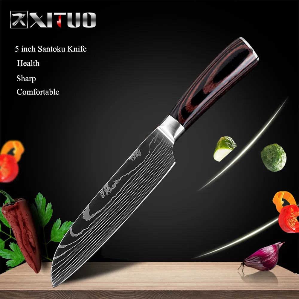5 in santoku knife XITUO шеф-повара набор кухонных ножей 8 в профессиональные японские поварские ножи 7CR17 440C высокоуглеродистая Нержавеющая сталь нож для нарезки сантоку - Цвет: 5 in santoku knife