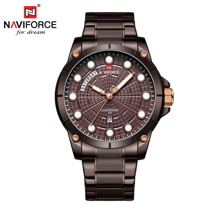 COFFEE NAVIFORCE модные синие мужские часы люксовый бренд Мужские часы кварцевые наручные часы ремешок из нержавеющей стали водонепроницаемые деловые часы - Цвет: COFFEE