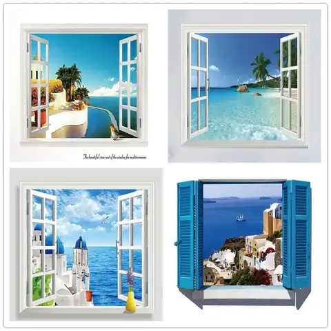 3D съемное пляжное море, 3D окно, фотообои для домашнего декора, водонепроницаемые художественные настенные бумажные плакаты