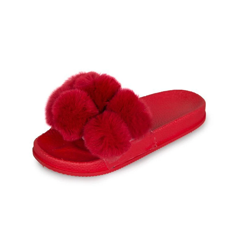 Ярких цветов помпоном Дамские тапочки для девочек красивые шары меховые