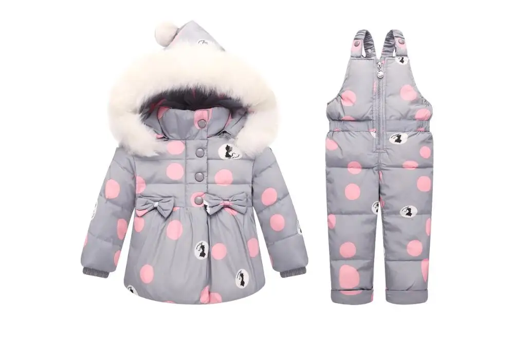Big Polka Dot White Duck Down Winter Overalls For Girls Down Jacket and Pants Baby Snowsuit Newborn Infant Winter Clothing Set