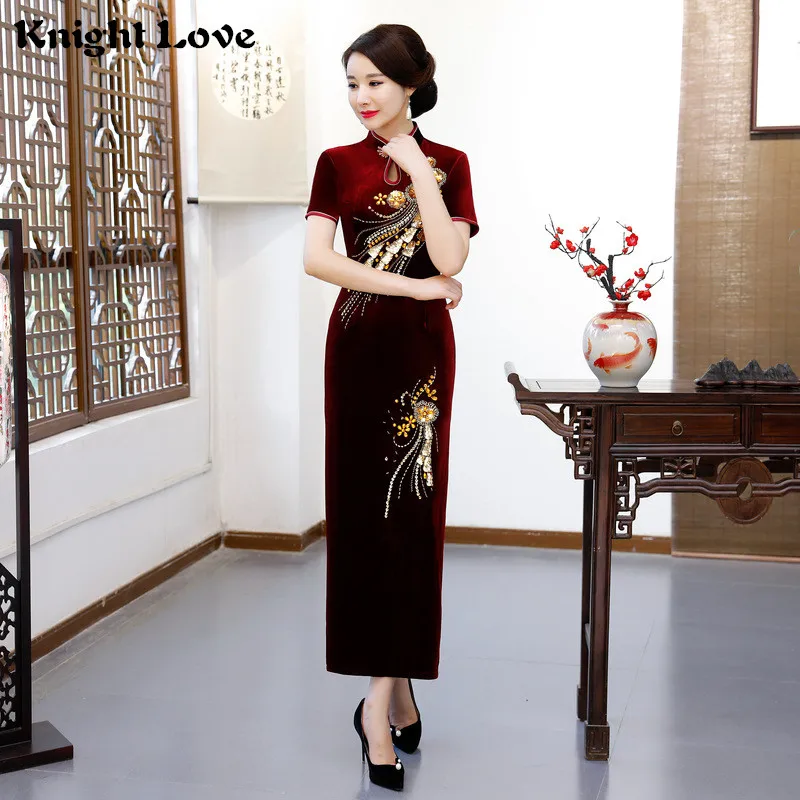 Новое восточное платье с длинным бархатным коротким рукавом Cheongsam цветочной