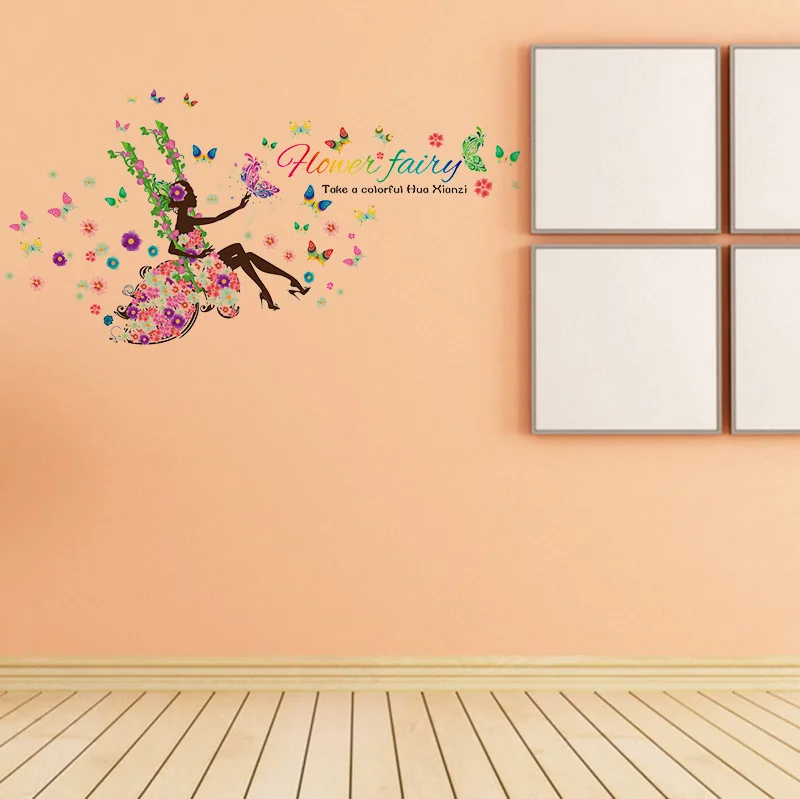 60*90 см DIY черный цветок наклейки на стену Феи подарок для девочек гостиной комнаты