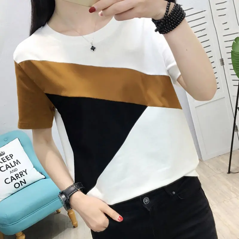 Повседневная футболка для полных женщин модные топы футболки в Корейском стиле с