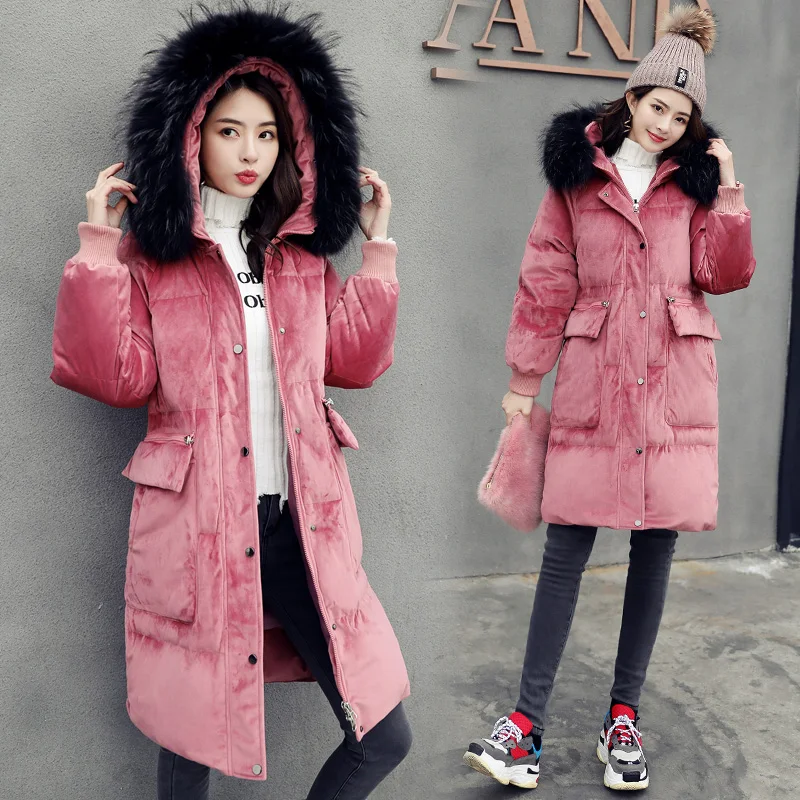 Dark pink AYUNSUE Для женщин Зимняя куртка-пуховик длинное пальто Для женщин большой меховой воротник модные утепленные куртки для Для женщин Chamarras де Mujer KJ731 - Цвет: Dark pink