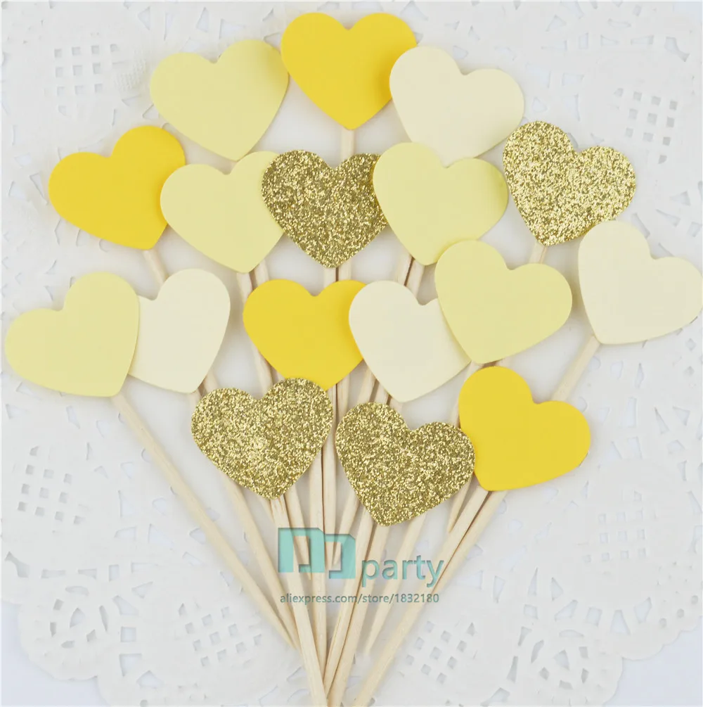 

40 шт. блестящие золотые и желтые сердца, топперы для кексов, свадебная еда, зубочистки, день рождения, baby свадебвечерние вечеринка, украшения...