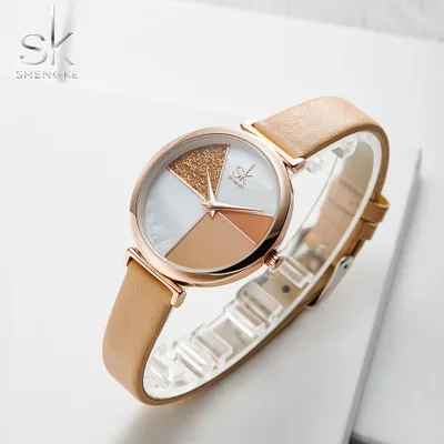 Shengke 0109 Брендовые женские элегантные кожаные водонепроницаемые кварцевые часы с