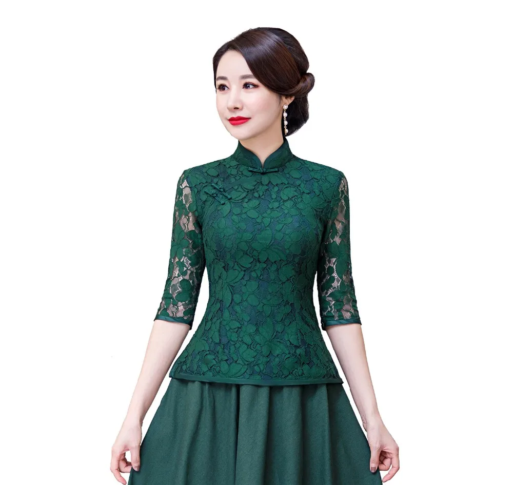 Шанхай история 3/4 рукав китайский традиционный Топ кружево Cheongsam рубашка Qipao Топ кружево китайская блузка для женщин